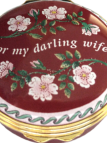 My Darling Wife (Halcyon Days) (01/7170) 1.62" diameter. Inside Lid: "With all my love" Painted flowers and pink/light red tinted enamel. 