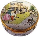 Bowling (13/0552) 2.25" diameter. Around the sides of the base: "Played in ancient Greece and Rome. Reached England in the 13th century."  "In Tudor England a popular pastime in Royal and aristocratic circles" Inside Lid: Painting of two men bowling 