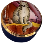Gilbert Collection Cat Halcyon Days (15/6734) 1.25" diameter. Inside Screw Lid: "Detail from a French enamlled gold box, c1763 in the Gilbert Collection, Somerset House" Inside base: Fancy G and "Gilbert Collection" Last One has two yellowish tiny dots in