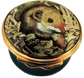 Harvest Mouse (01/0314) Bilston & Battersea/Halcyon Days -  1.62" diameter. Inside Lid: Mouse on wheat drawing/painting. 