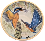 Kingfisher Bowl (AB1-KF) 4.5" diameter. Freehand painted by Amanda Rose. Limited Edition of 25.