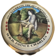 Prince Charles 60th Birthday (Part #25/090) - 1.5" diameter. Inside Lid: "H.R.H. The Prince of Wales 14th November 1948"        