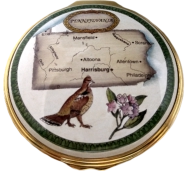 State: Pennsylvania (33/8606) 2" diameter. All sides decorated with script.  Inside Lid: "VIRTUE, LIBERTY, AND INDEPENDENCE" Inside Lid: Painted Pennsylvania flag. LE1000 w/Certificate of Authenticity.