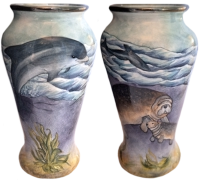 Dolphin & Manatees Vase (95 DM) 3.5" tall.  Pictures depict Front & Back of vase. Limited Edition of 50. Certificate of Authenticity.