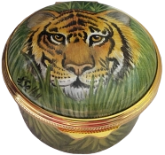 Tigers (PSS/TE) Inside Lid: Tiger Eyes. 1.62" diameter. Limited Edition of 25. Freehand painted by Sandra Selby.