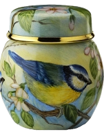 Blue Tits Ginger Jar (2nd in British Garden Birds series)  (S2-BT)  2" tall. Freehand painted by Sandra Selby. Limited Edition of 25.