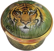 Tigers (PSS/TE) Inside Lid: Tiger Eyes. 1.62" diameter. Limited Edition of 25. Freehand painted by Sandra Selby.