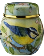 Blue Tits Ginger Jar (2nd in British Garden Birds series)  (S2-BT)  2" tall. Freehand painted by Sandra Selby. Limited Edition of 25.