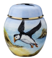 Puffins Ginger Jar (SH-P)  2.62" tall. Freehand painted by Fiona Bakewell. Limited Edition of 25.