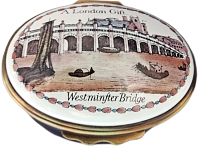 Westminster Bridge A London Gift (02/1827) 2.12" diameter Oval. Inside Lid: "Replica of an 18th century Bilston enamel box"