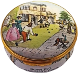 Bowling (13/0552) 2.25" diameter. Around the sides of the base: "Played in ancient Greece and Rome. Reached England in the 13th century."  "In Tudor England a popular pastime in Royal and aristocratic circles" Inside Lid: Painting of two men bowling 