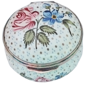 Silver Dew Drops (T195) 1.5" dia x 1.25" tall. Inside Lid: Painted Pink and blue flowers. Base: " Reproduced by kind permission of Manchester Art Gallery" 