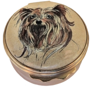 Yorkie (01/0310) Bilston & Battersea/Halcyon Days - 1.62" diameter. Inside Lid: drawing/painting of a sitting Yorkie in a dog bed. 