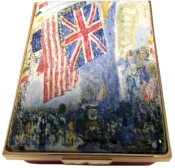 Childe Hassam, Union Jack, New York Morning 1918 (Halcyon Days)(11/7499) 2.87" x 2" x 1"  Inside Lid: "CHILDE HASSAM  The Union Jack, New York, April Morning 1918  Oil on canvas"  Script inside lid also. Certificate of Authenticity. Limited Edition 100.