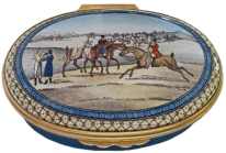 Winterthur Point to Point 1979 (Halcyon Days) 2.5" oval .5" High. Inside Lid: "Winterthur Point-to-Point 1997" (Painted eagle) Inside base: "My soul's on fire and eager for the field"
